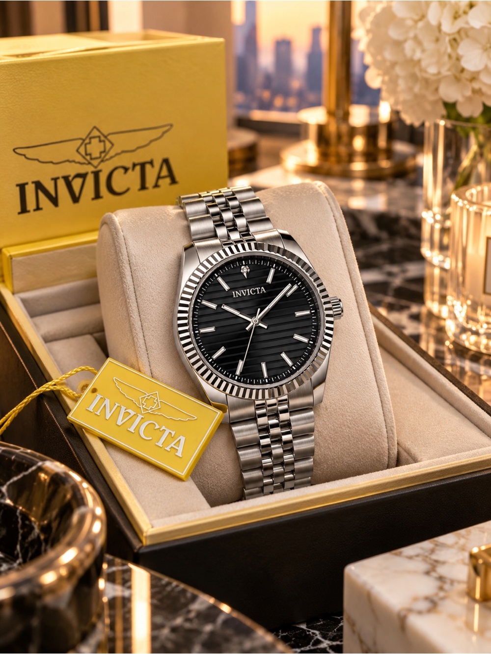 Invicta Celestial Somerset 69164 Black Dial Steel Watch 36mm NWT